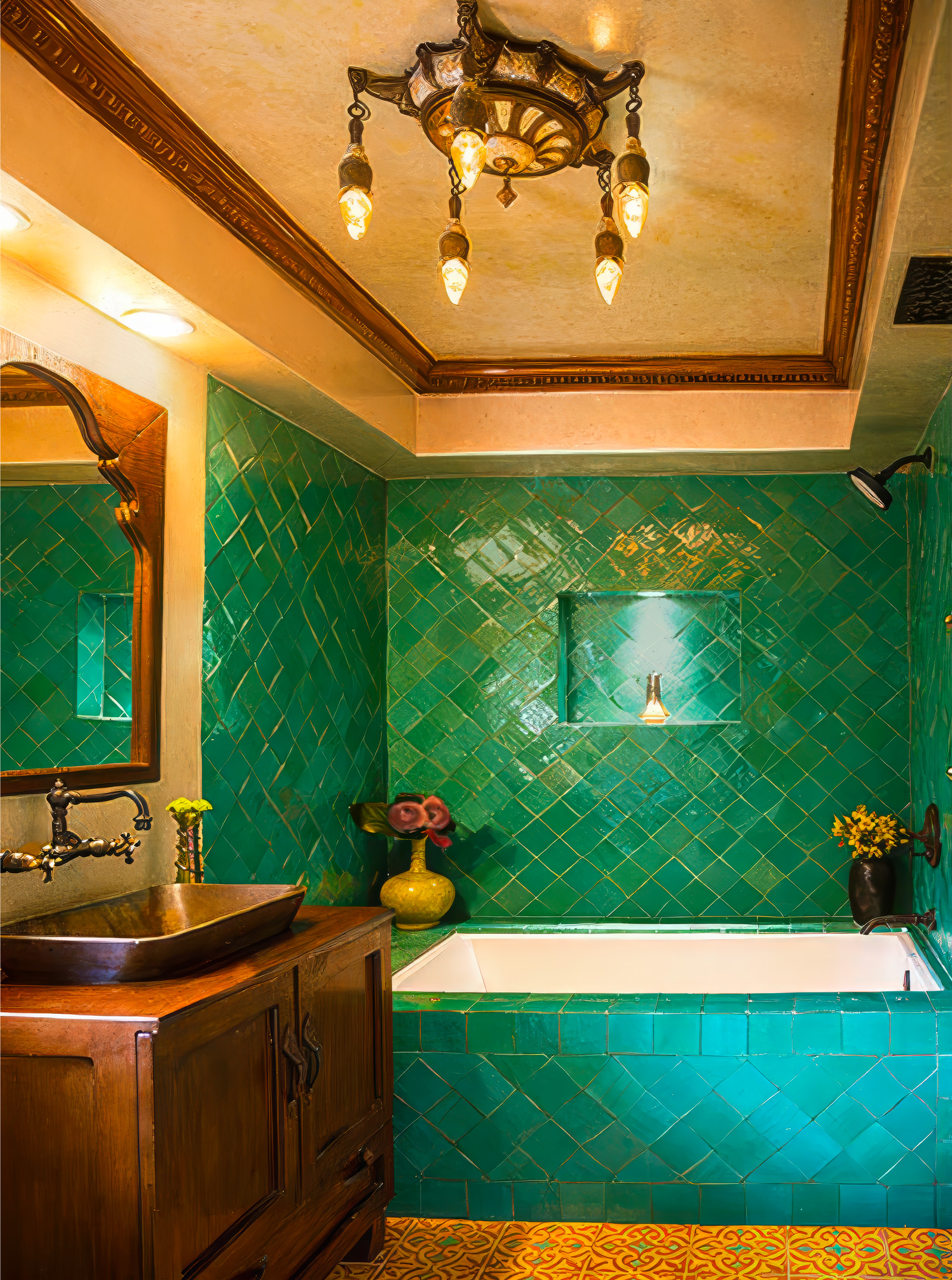 emerald green Moroccan zellige tile bathroom with soaking tub - Kim Colwell Design, Los Angeles interior designer