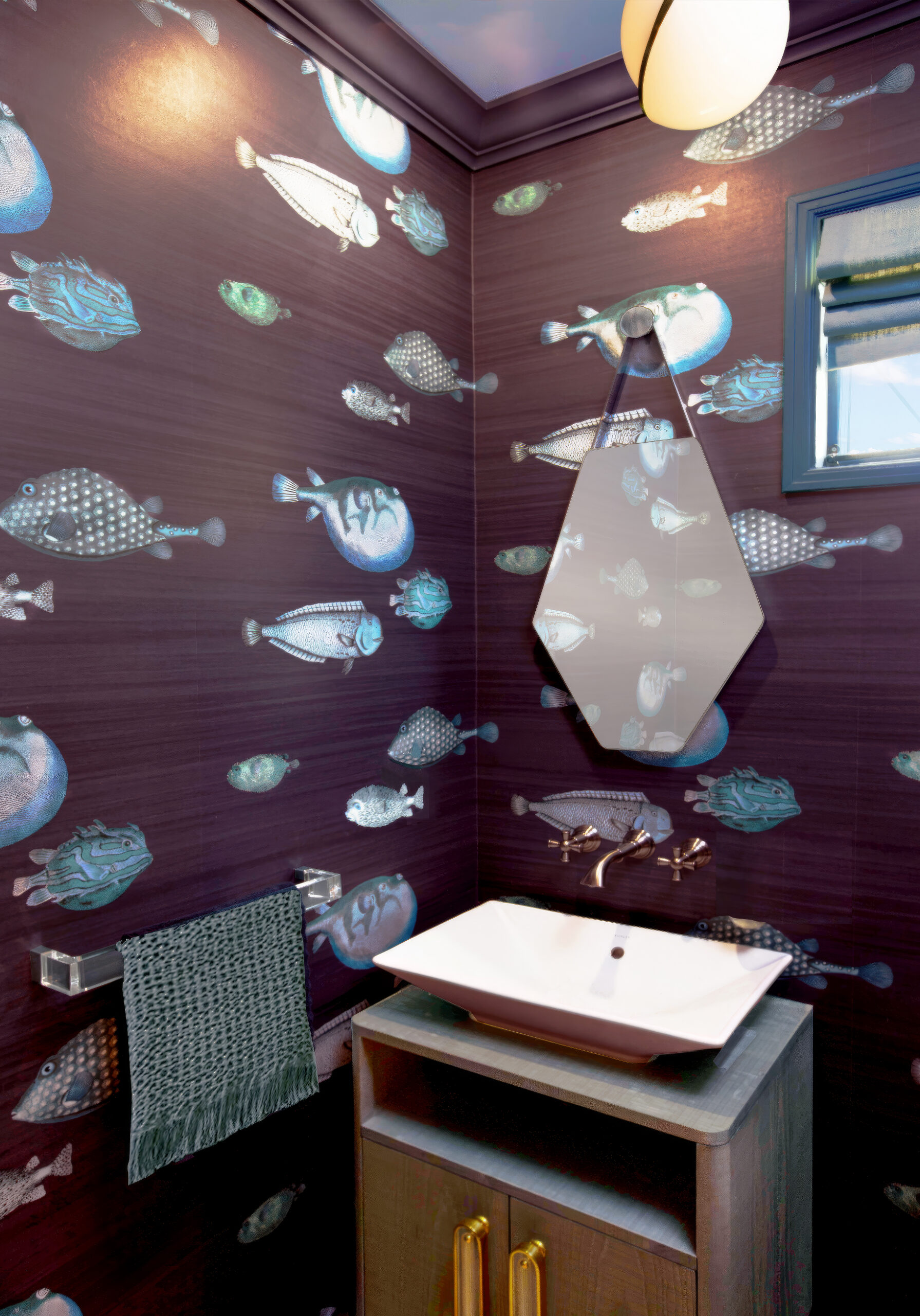 Kim Colwell Design Los Angeles — powder room with fish-motif wallpaper and diamond mirror