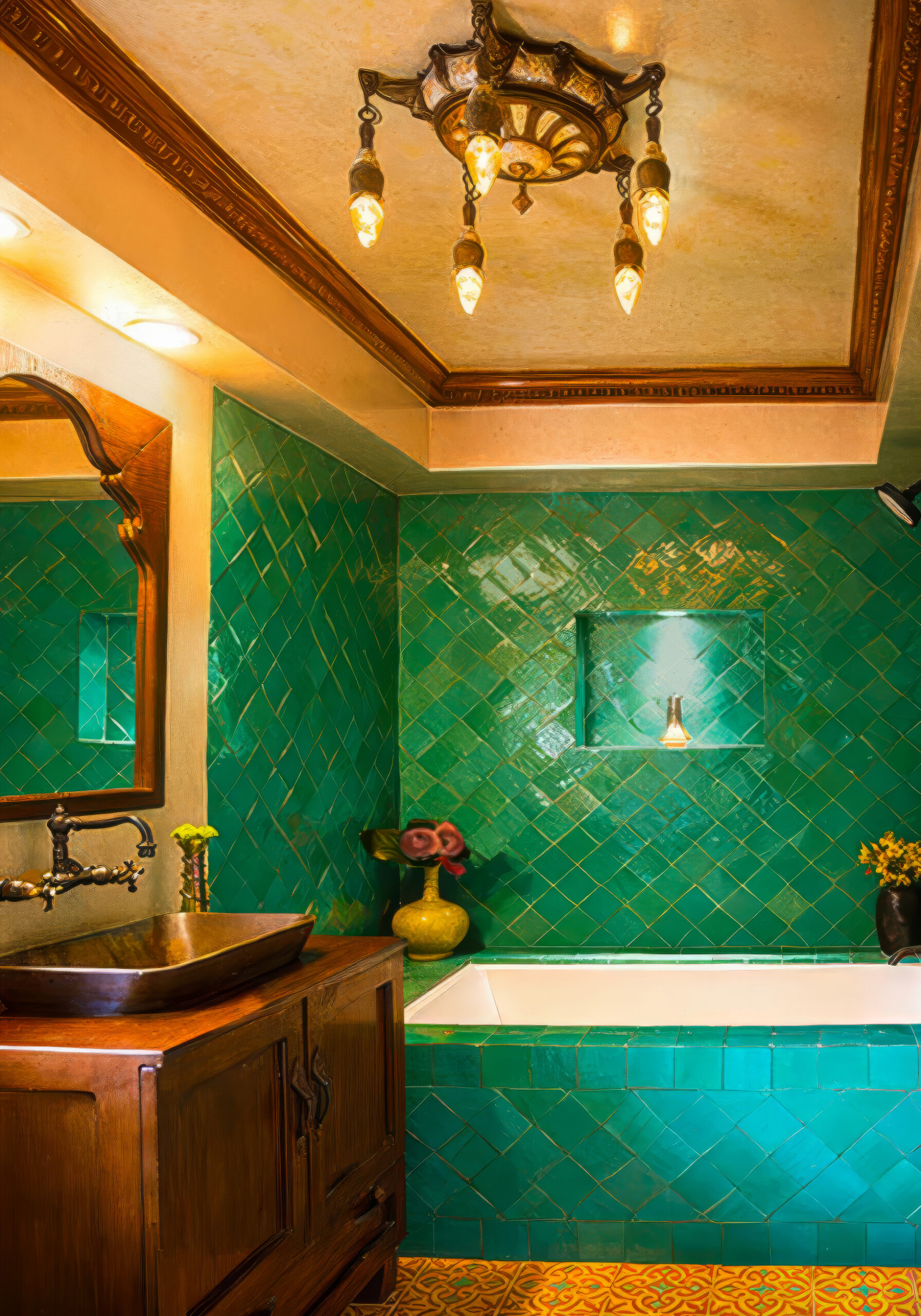 Kim Colwell Design Los Angeles — bathroom with green zellige tile and copper vessel sink