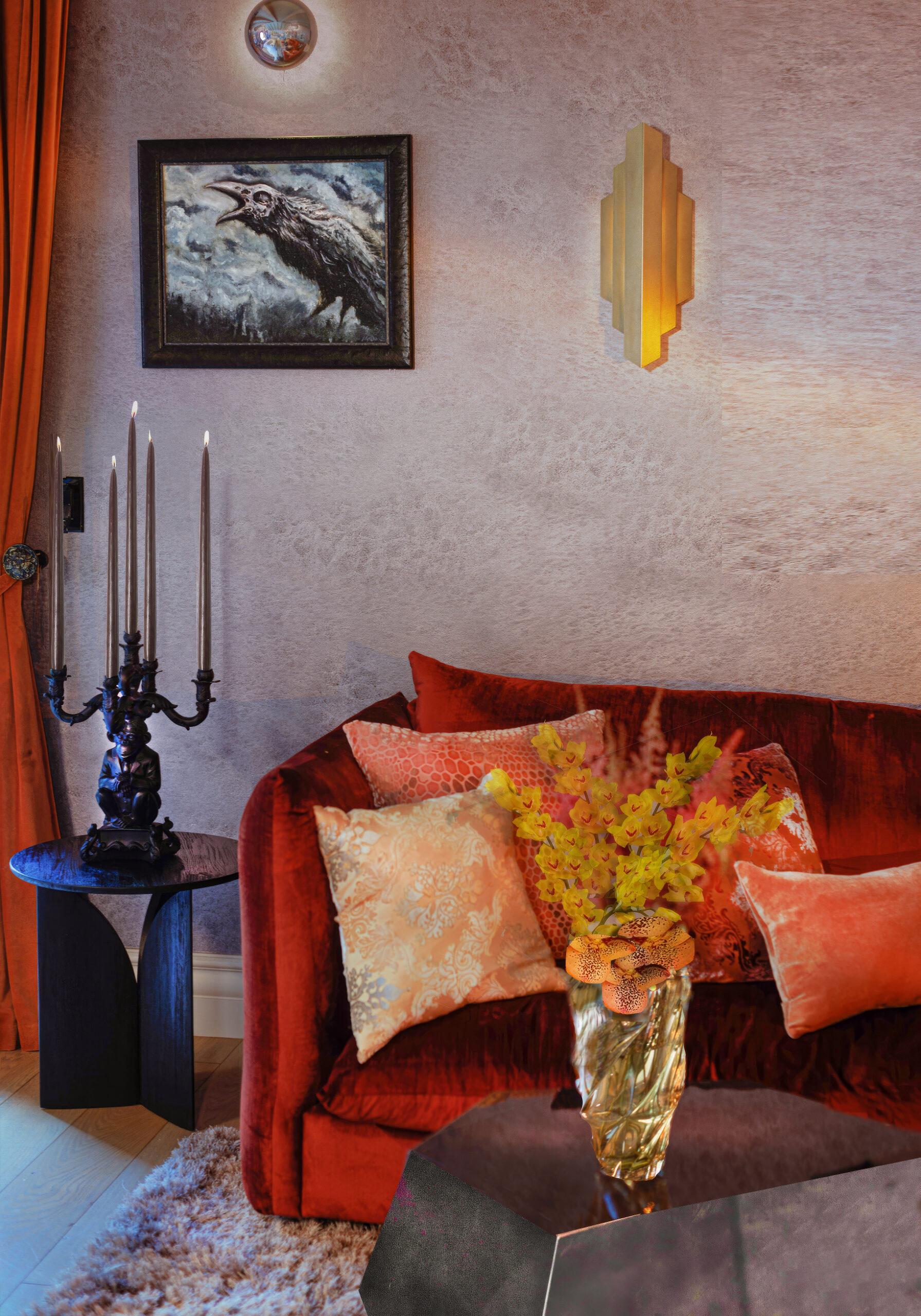 Colwell Design Los Angeles — living room with raven painting, art deco sconce, and red velvet sofa