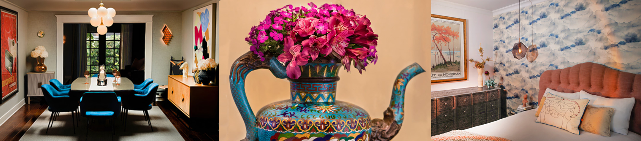 Kim Colwell Design services — eclectic blue dining room, cloisonné teapot with pink flowers, and moody blue-wallpapered bedroom with orange headboard