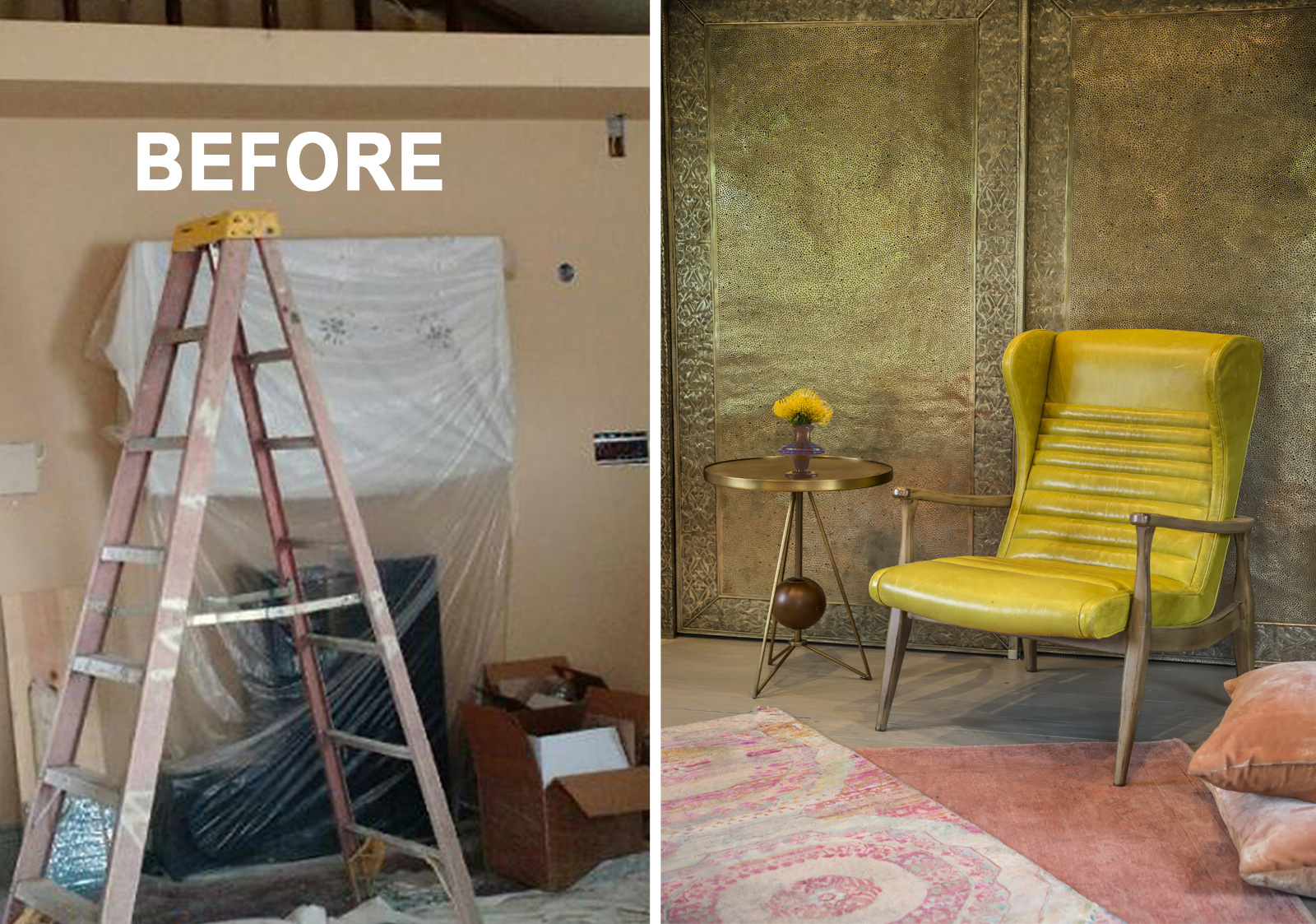 Kim Colwell Design's feng shui interior design that shows a complete transformation with custom metal closet doors and yellow chair from Anthropologie. 