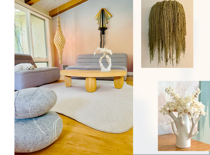 Kim Colwell Design living room with dog resting on sofa, sculptural pendant light, and round wood coffee table — "a quieter kind of drama"