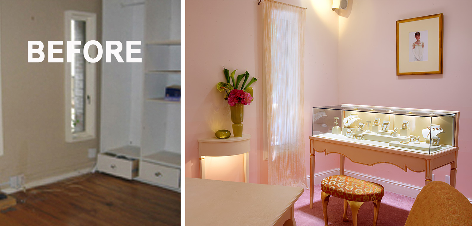 Kim Colwell's feng shui interior design project for jewelry designer, Erica Courtney went from drab to fab in Erica's signature color, pink. 