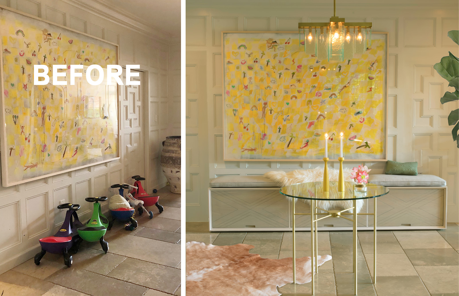 Kim Colwell designed the custom banquette and table with Lawson Fenning for her home refresh project, Los Angeles. 