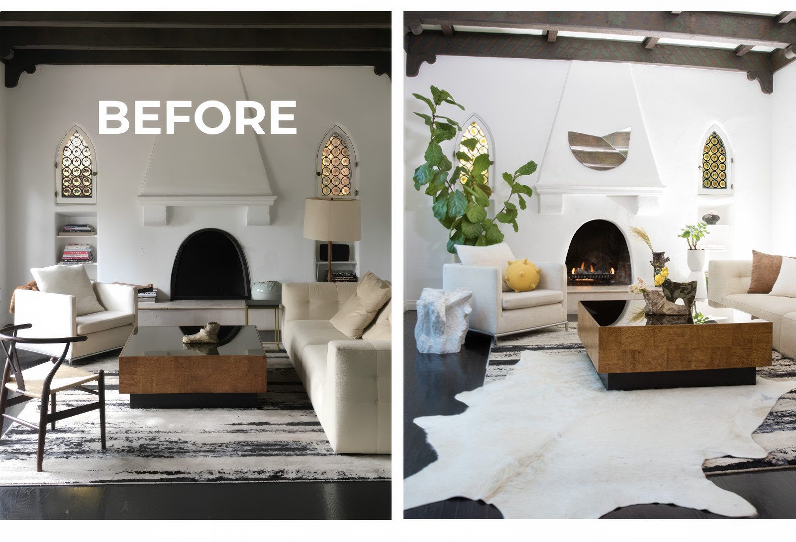 Kim Colwell's home refresh project in spanish home, shows a cow hide rug.