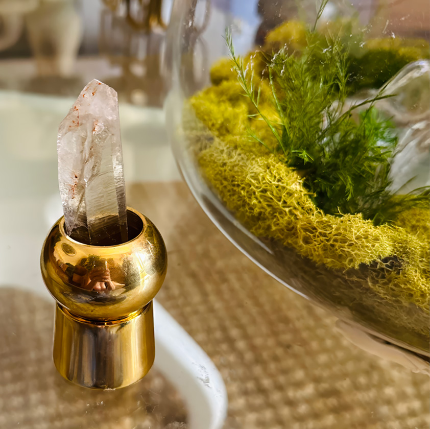 Crystal in gold Tom Dixon incense holder, from Kim Colwell House Blessing ceremony class - offered in Los Angeles or virtually via zoom. 