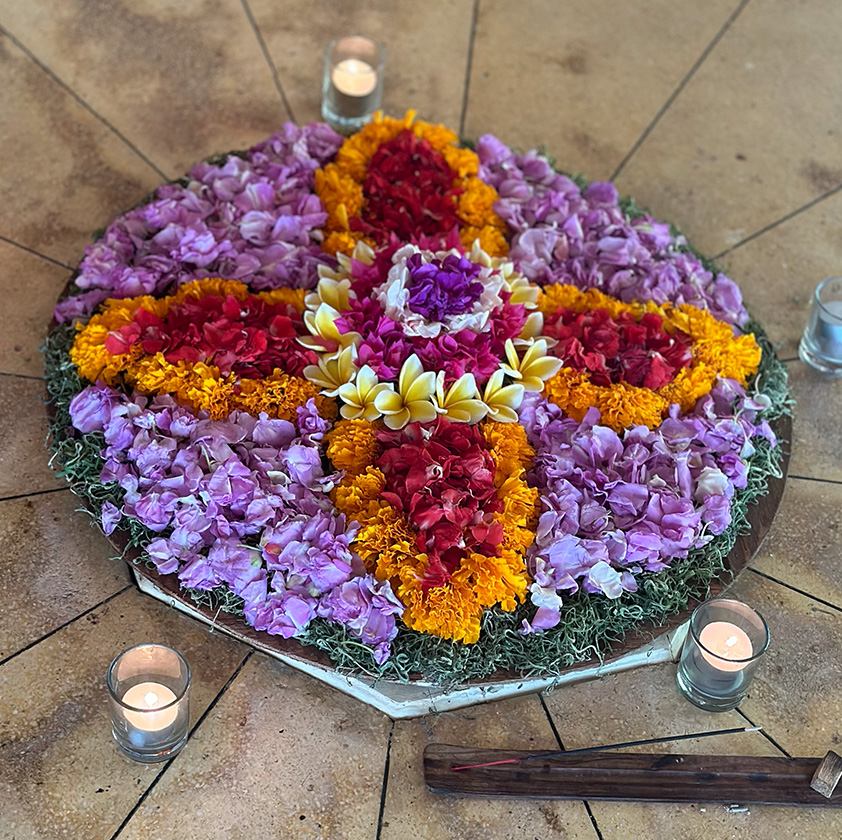 Flower mandala with votive candles, from Kim Colwell House Blessing Ceremony offered in the greater Los Angeles area.