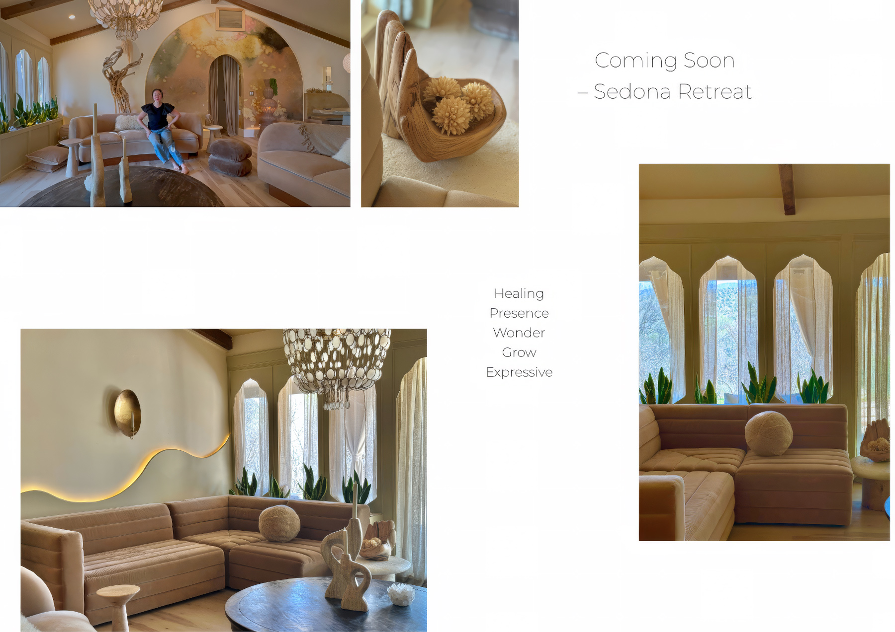 Kim Colwell Design Sedona retreat space — driftwood sculpture, sculptural chandelier, and warm neutral palette for healing, presence, and wonder