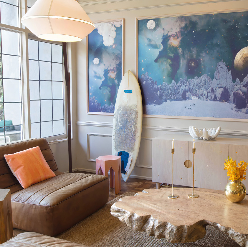 Custom mural wallpaper by Elli Popp, live edge table customized by Lawson Fenning, for Kim Colwell Design, Los Angeles.