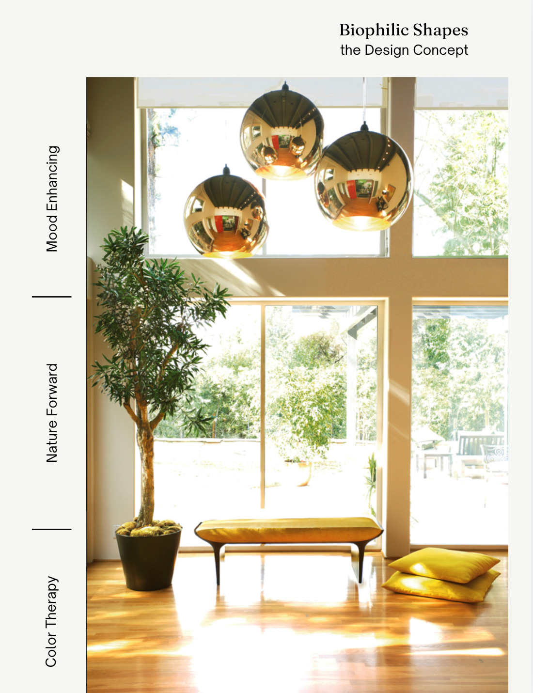 Yellow bench, exposed sunlight, gold reflective Tom Dixon pendants, are all used to produce interior design that is driven by Biophilic principles, Kim Colwell Design, Los Angeles. 