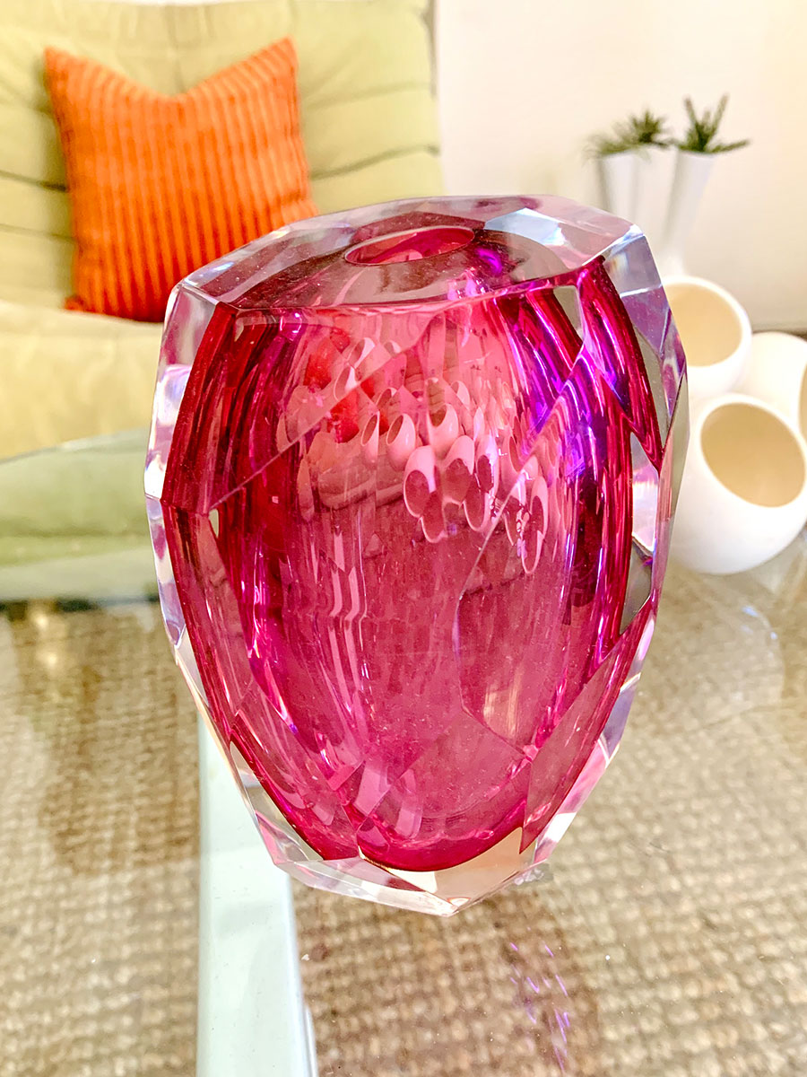 Pink hand blown facetted glass vase sourced by interior designer Kim Colwell, Los Angeles. 